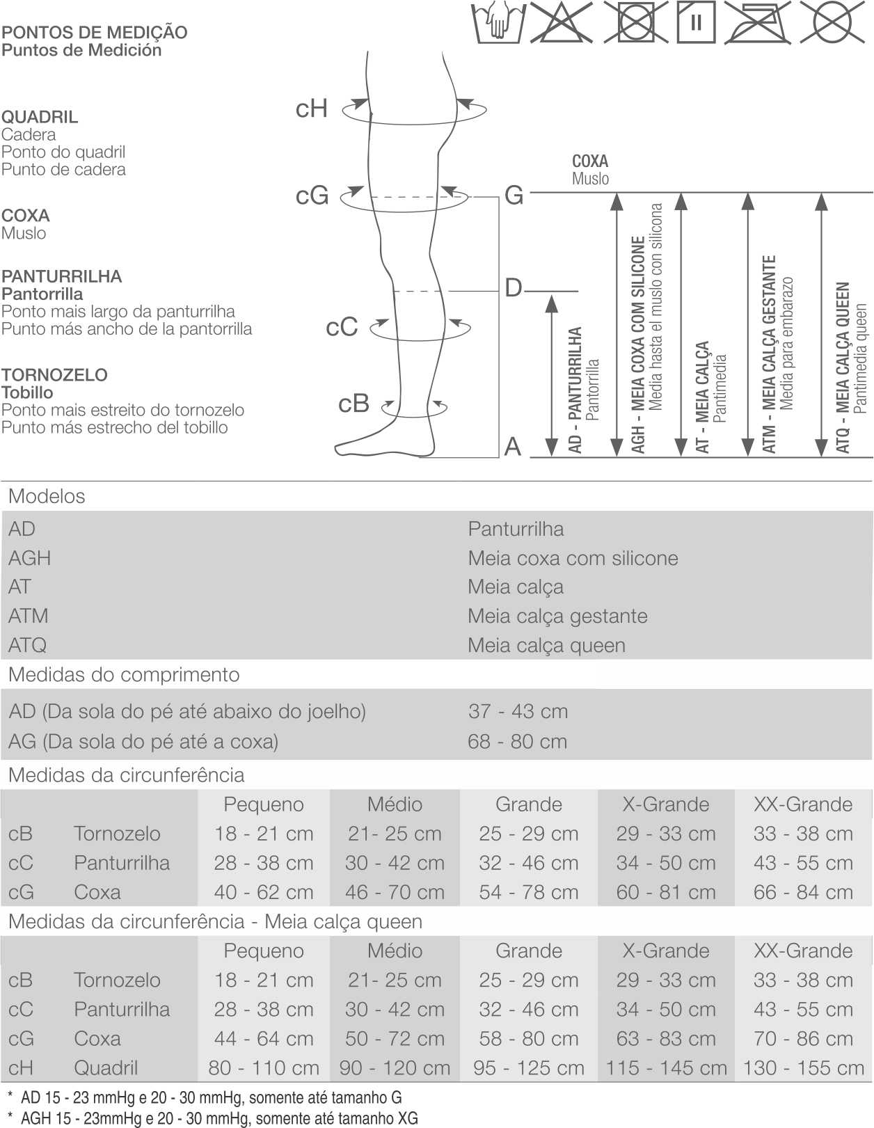 Tabela de medidas Venosan Legline Queen